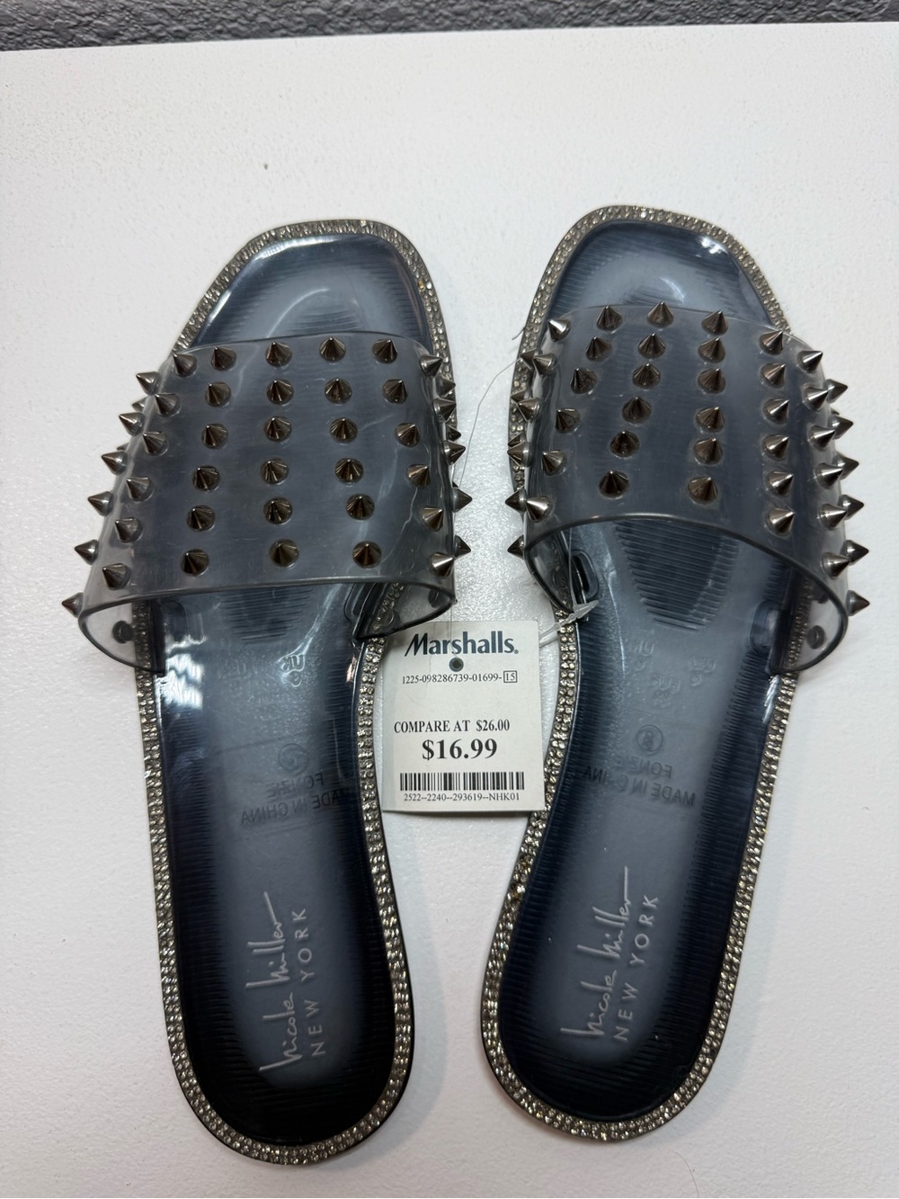 Nicole Miller Black Footbed Clear PVC Slide Sandals with Silver Studs